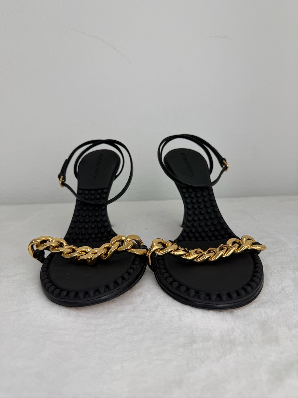 Bottega Veneta Black Ankle-Strap Sandals with Gold Chain - Picture 5 of 9